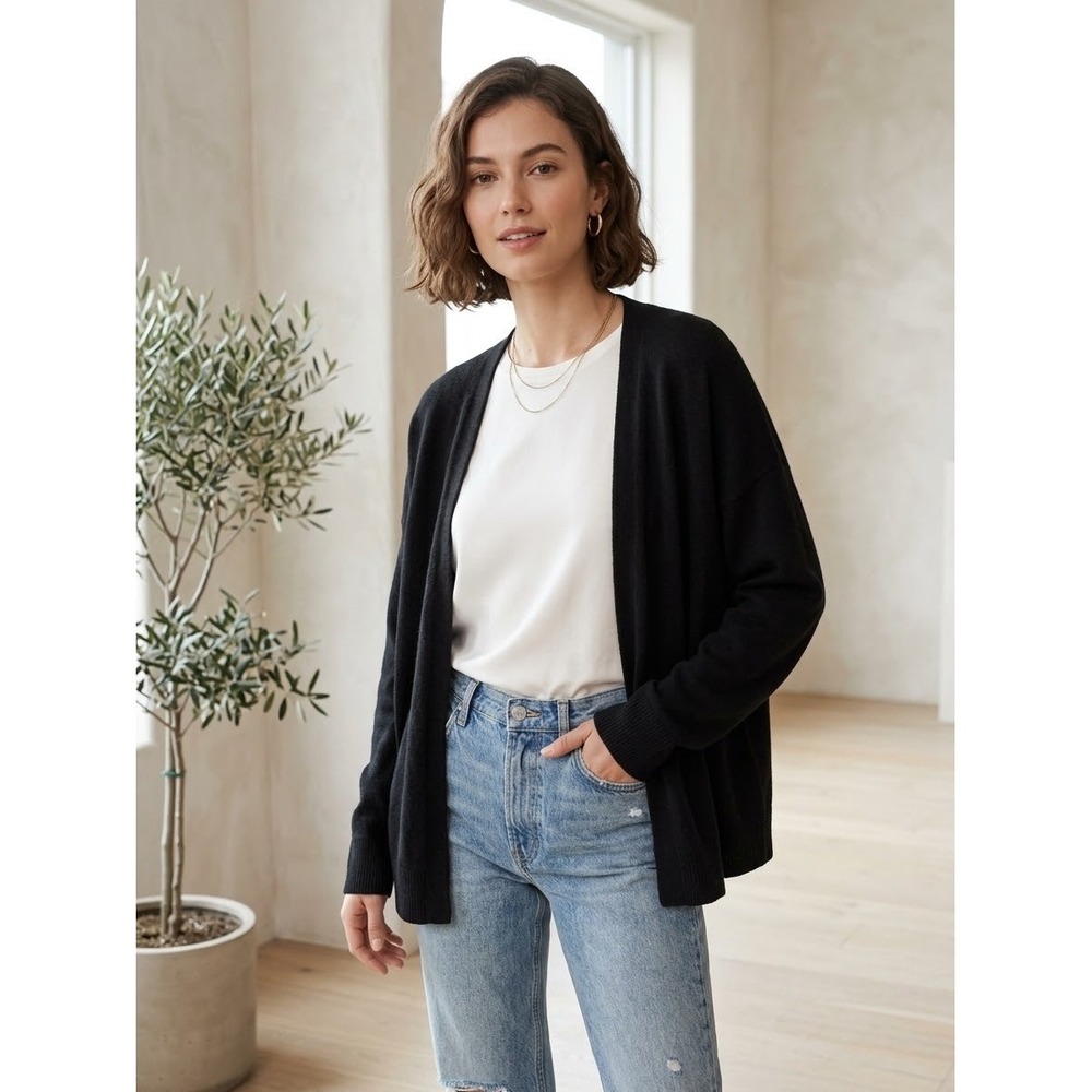 Cuyana Black 100% Cashmere Oversized Open Front Cardigan Sweater Italy XL